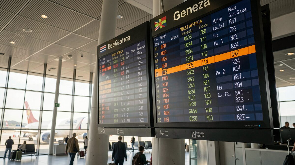 Departure board at Geneva airport with a single flight to West Africa highlighted, early morning light, wide shot from below