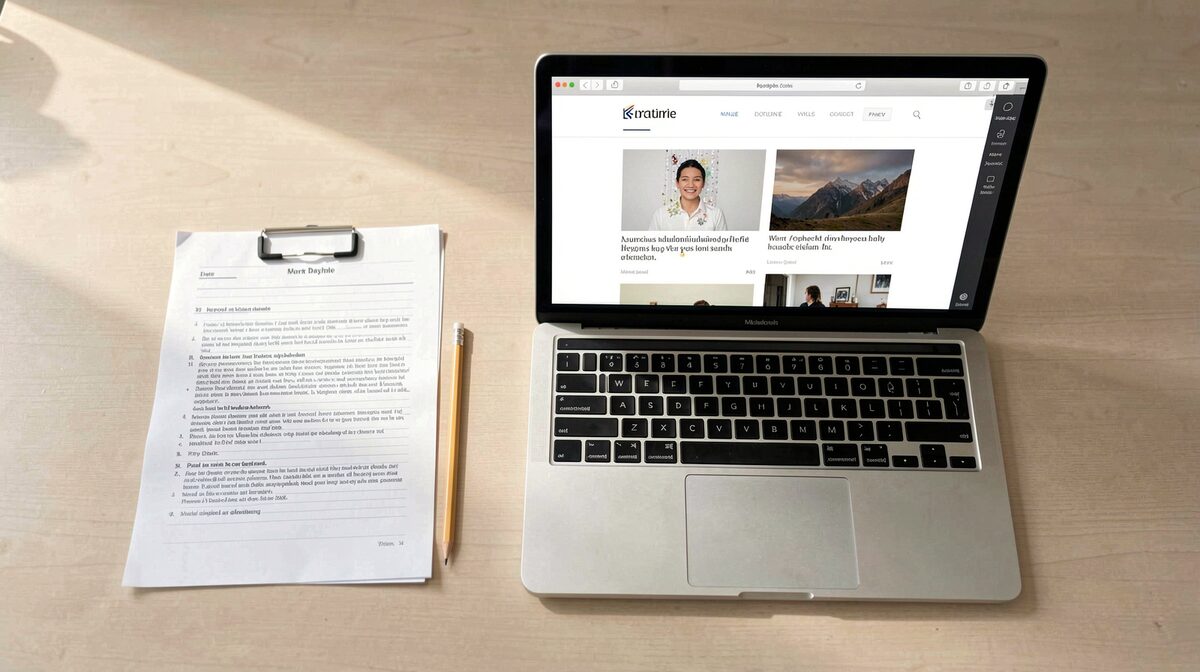 A plain desk in daylight with a printed lap sheet, a pencil, and an open laptop showing a minimal editorial homepage, shot straight on from above.