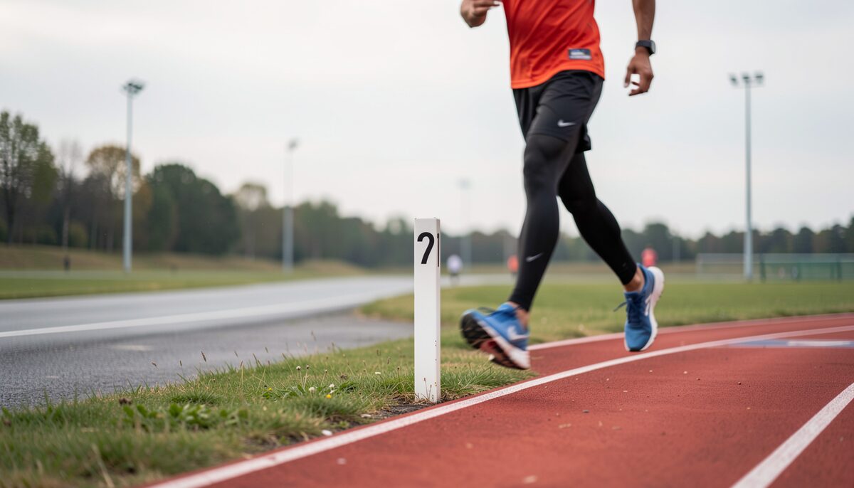 Another frame kept on the same lap: The markers a loop course gives its runners: the distance post, the timing mat, the cone on the lane line, and how a small fixed point becomes the measure of a day.