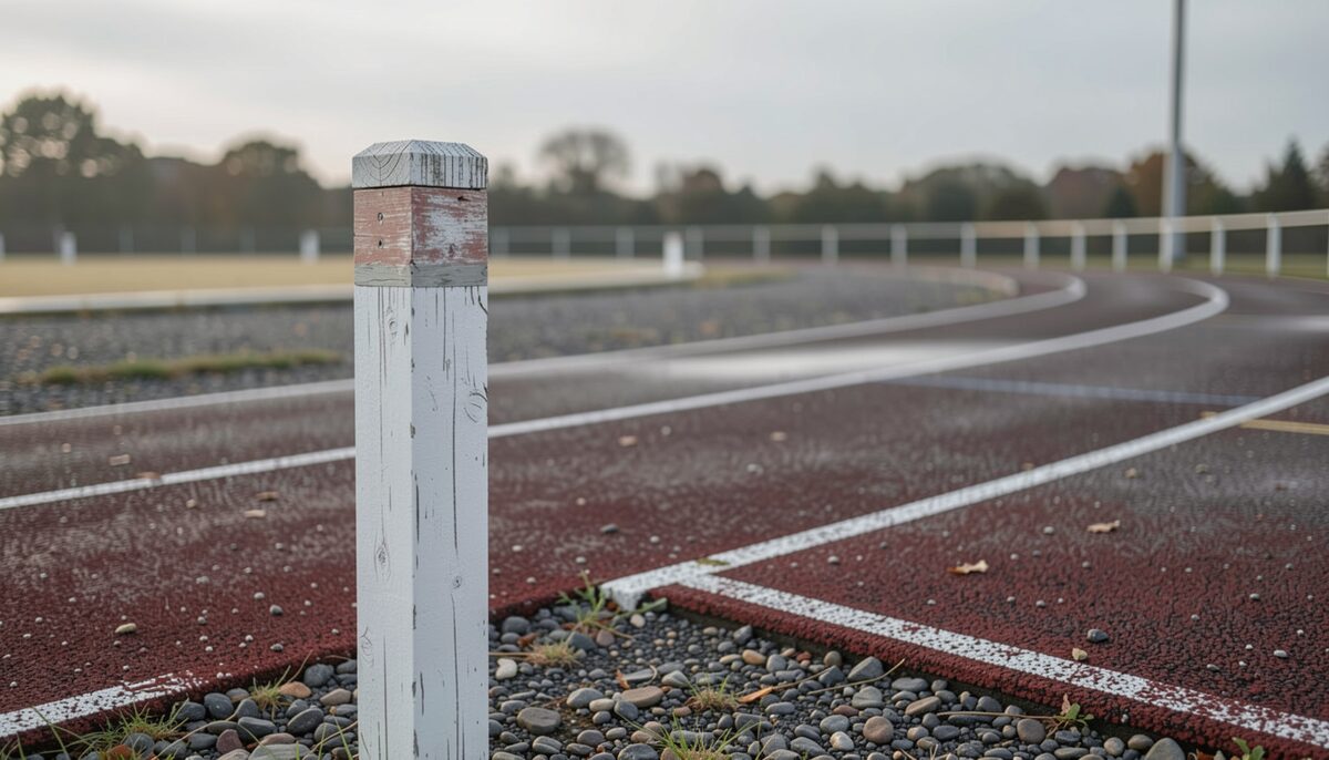 A small white wooden marker post beside a cinder track, faded paint at its top, lane lines behind.