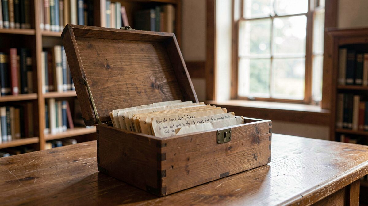 A wooden village archive box open on a library table, handwritten folders inside, morning light from a tall window, shot at a slight angle.