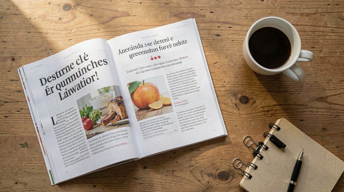 A reading table in soft morning light with an open French-language health magazine, a notebook and a cup of coffee, framed from above.