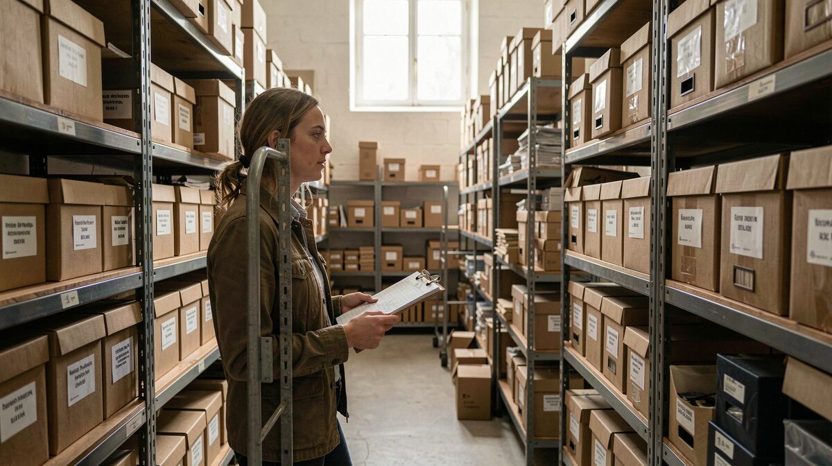 A museum storeroom with rolling shelves of labelled archival boxes, a researcher holding a lap sheet of notes, soft morning light from a high window, wide shot.