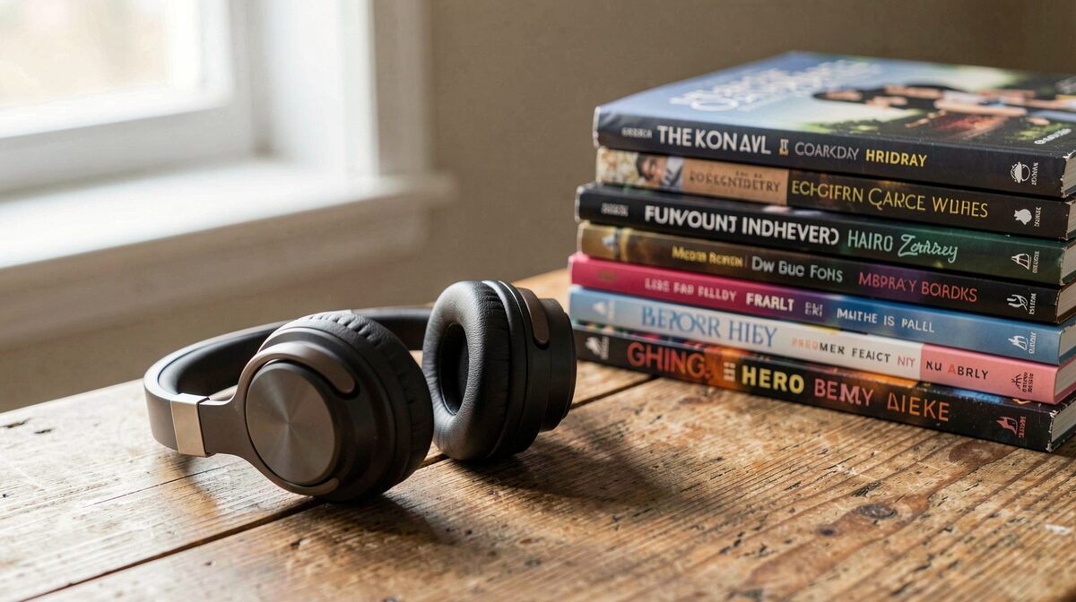 A pair of children's headphones resting on a wooden table beside a stack of audiobook cases, lit by soft afternoon window light, close framing