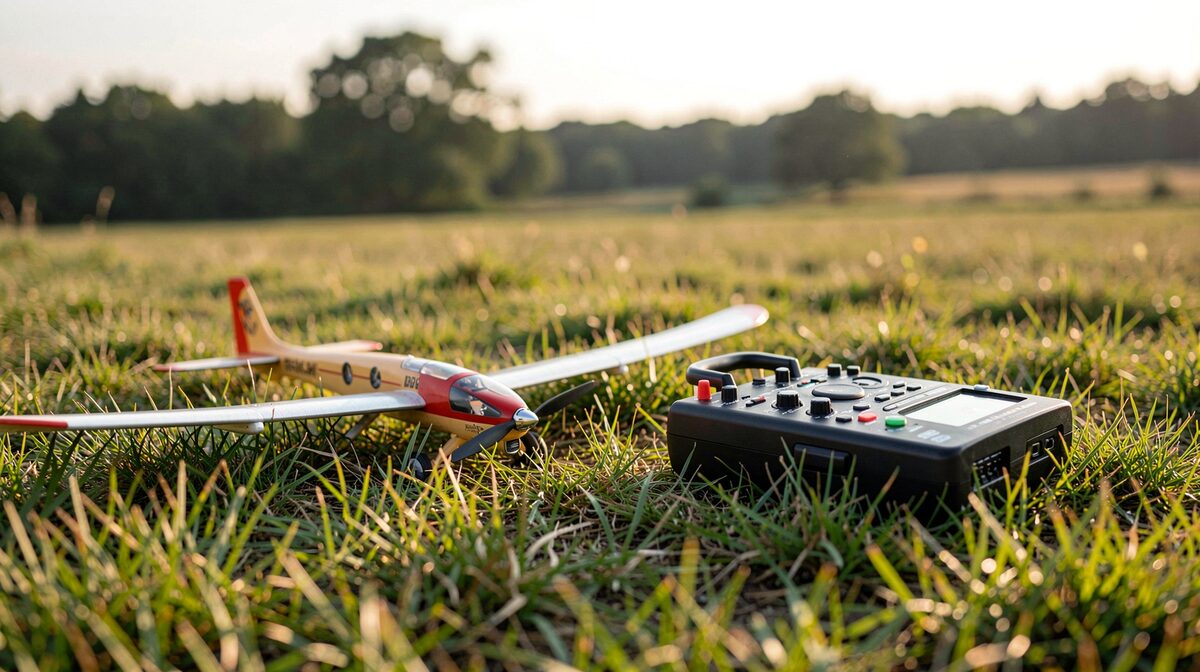 A small radio-controlled glider resting on grass beside its transmitter, late afternoon light, low wide framing across a field edge.