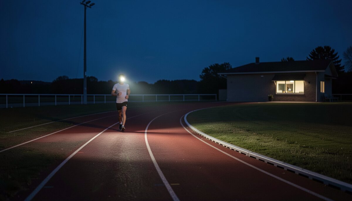 A dark running track at night, one headlamp moving along the far bend, the clubhouse light small in the distance.